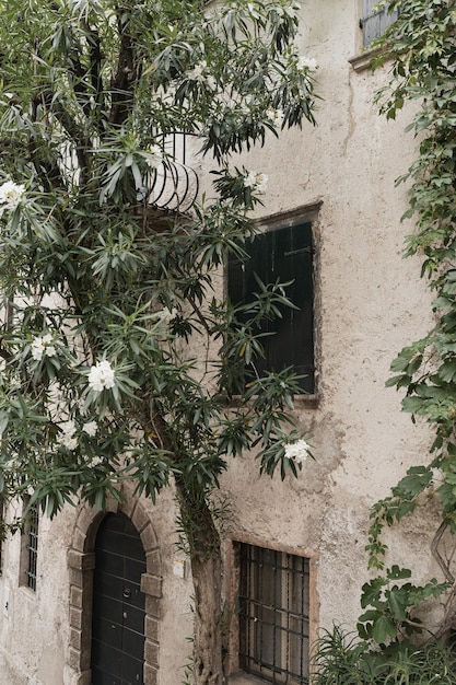 Alte historische italienische Architektur Traditionelle europäische dörfliche rustikale Gebäude Blumen Holzfensterläden und pastellfarbene Wände Ästhetischer Sommerurlaubsreisehintergrund