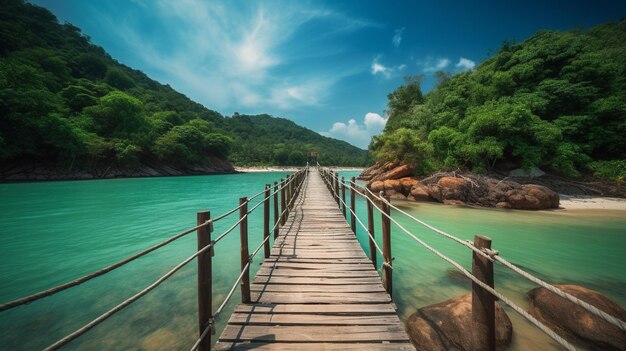 Alte Holzbrücke am tropischen Meer Generative KI