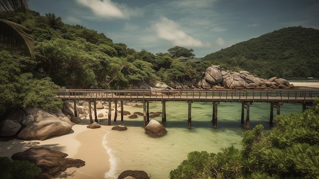 Alte Holzbrücke am tropischen Meer Generative KI