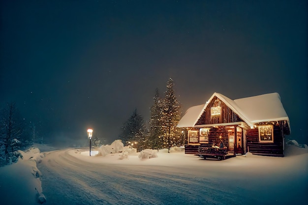 Alte Holzhütte im skandinavischen Stil im Schneewald, Weihnachtsthema.