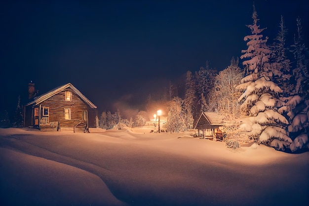 Alte Holzhütte im skandinavischen Stil im Schneewald, Weihnachtsthema.