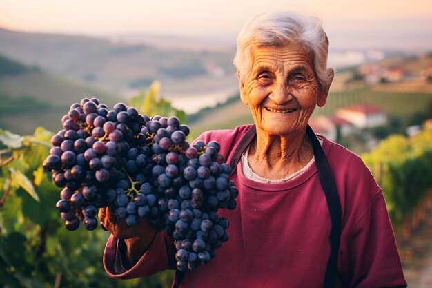 alte italienische Frau, die Trauben für die Weinherstellung sammelt