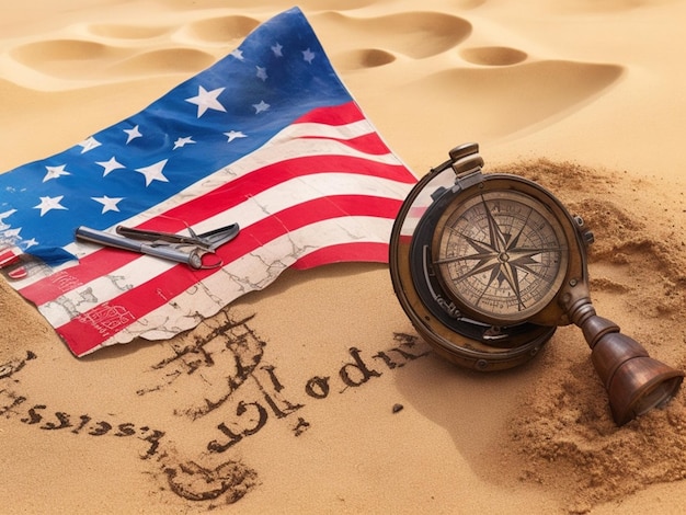 Alte Karte mit Kompass, amerikanische Flagge und Vergrößerungsglas auf Sand.