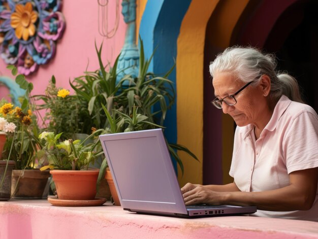 Alte kolumbianische Frau arbeitet an einem Laptop in einer lebendigen städtischen Umgebung