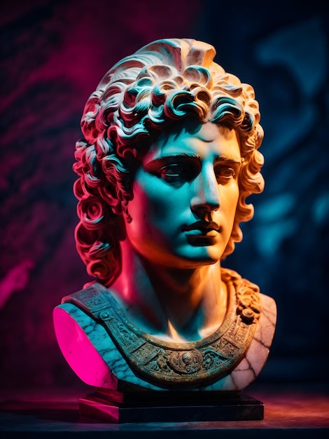 Alte Marmor-Kopfbüste von Alexander dem Großen, isoliert im Neon-Hintergrund