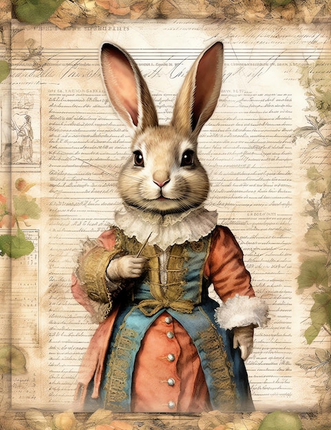 Alte Papiertextur eines Kaninchen mit Kleidung Schrott-Zeitschrift digitaler Papier-Hintergrund