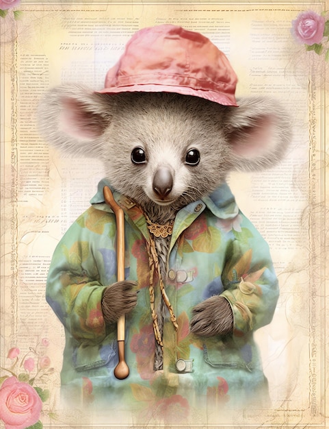 Alte Papiertextur eines Koala mit Kleidung, Junk-Zeitschrift, digitaler Papierhintergrund
