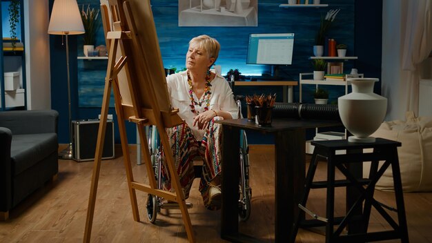 Alte Person mit körperlicher Beeinträchtigung, die Kunstwerke auf Leinwand zeichnet, chronische Behinderung. Rollstuhlfahrer, die ein professionelles Meisterwerk erstellen, um kreative Skizzenmodelle, Kunst und Handwerk zu zeichnen.
