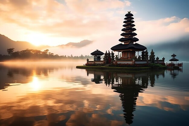 Alte pura ulun danu bratan besakih oder berühmter hinduistischer Tempel und Tourist auf der Insel Bali bei Sonnenaufgang