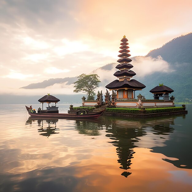 Alte pura ulun danu bratan besakih oder berühmter hinduistischer Tempel und Tourist auf der Insel Bali bei Sonnenaufgang