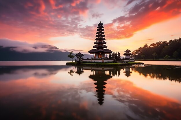 Alte pura ulun danu bratan besakih oder berühmter hinduistischer Tempel und Tourist auf der Insel Bali bei Sonnenaufgang