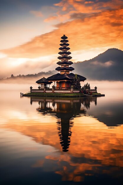 Alte pura ulun danu bratan besakih oder berühmter hinduistischer Tempel und Tourist auf der Insel Bali bei Sonnenaufgang