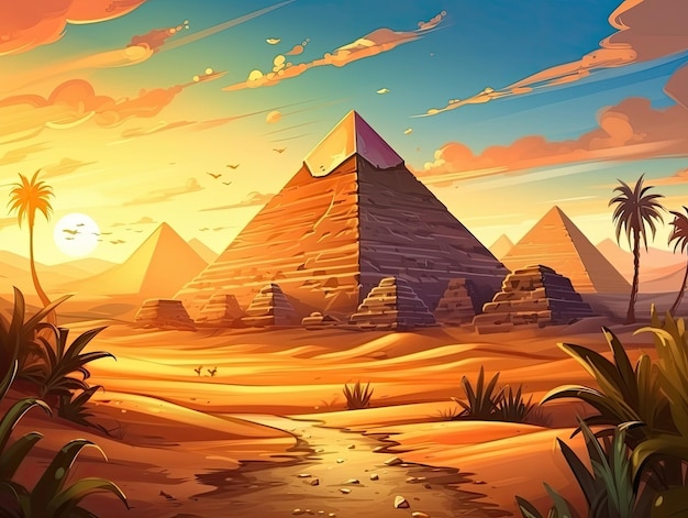 Alte Pyramiden zwischen goldenen Dünen in einer heißen Wüste