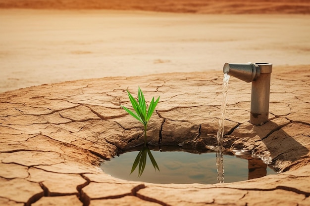 Alte rostige Wasserhahn in Dürre Erde kleine Pfütze Wasserknappheit Konzept