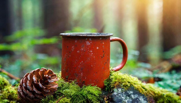 Alte rote, rostige Metallbecher im Wald Becher für heißes Getränk Grünes Moos