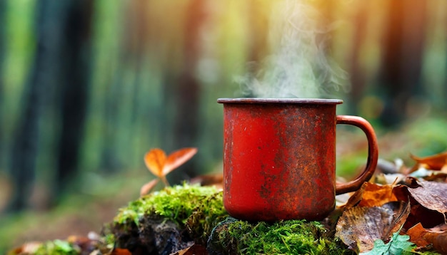 Alte rote, rostige Metallbecher im Wald Becher für heißes Getränk Grünes Moos