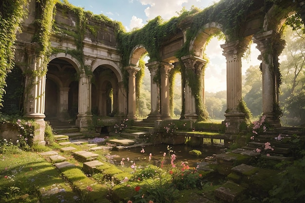 Alte Ruinen dunkler Wald mysteriöse Steinbrücke Natur Spiritualität enthüllt erzeugt von künstlicher Intelligenz