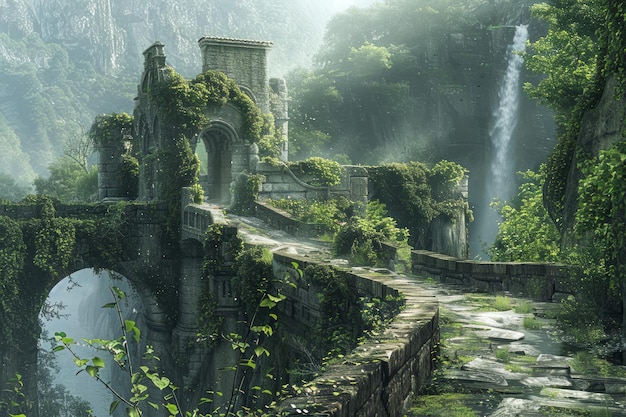 Alte Ruinen und Wasserfälle in einem üppig grünen Wald als Hintergrund für Fantasie-Landschaften