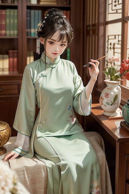 Alte schöne Frau in grünem chinesischem Hanfu cheongsam liest ein Buch im Arbeitszimmer