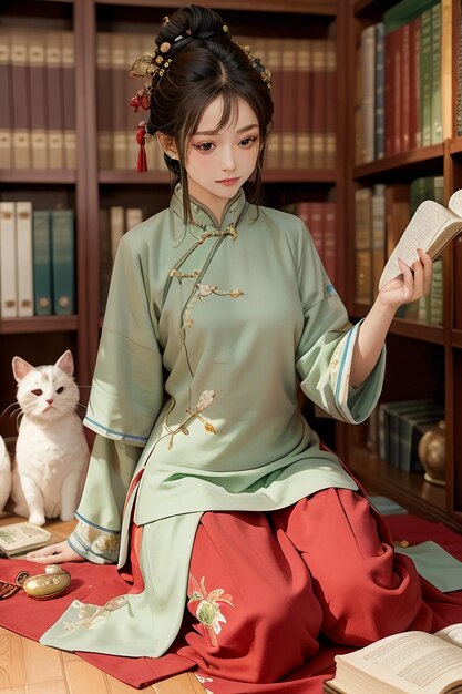 Alte schöne Frau in grünem chinesischem Hanfu cheongsam liest ein Buch im Arbeitszimmer