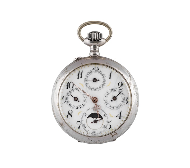 Alte silberne Taschenuhr auf weißem Hintergrund