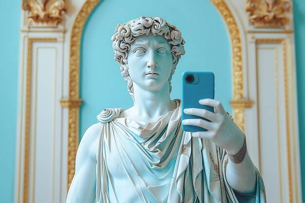 Alte Statue eines Mannes, der ein Smartphone vorne auf blauem Hintergrund hält