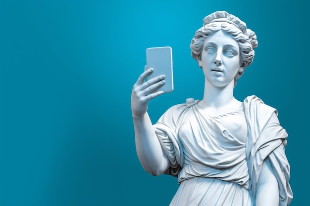 Alte Statue macht Selfie vor blauem Hintergrund