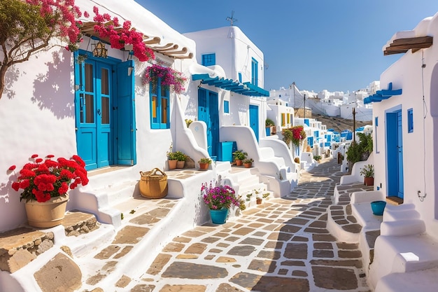 Alte traditionelle griechische Straße von Mykonos mit bunten Häusern Griechenland