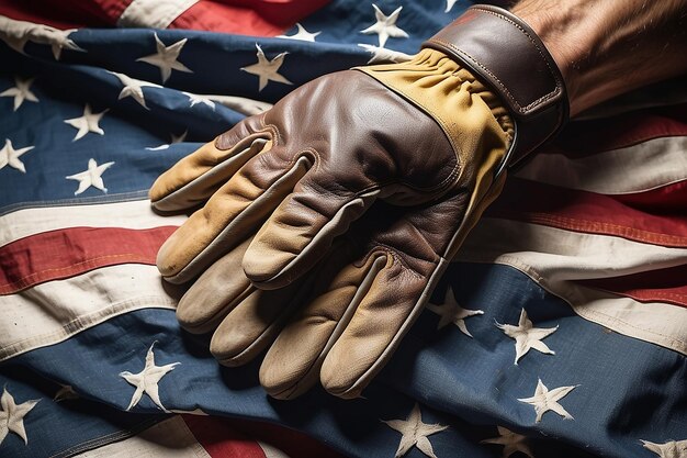 Foto alte und abgenutzte arbeitshandschuhe auf großer amerikanischer flagge labor day hintergrund