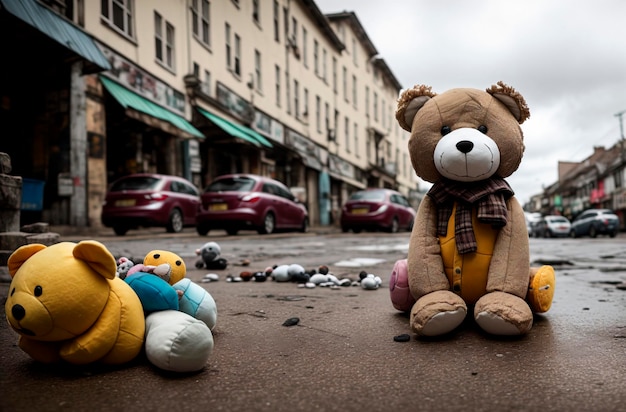 Alte und ramponierte Stofftiere liegen auf der Straße Die Müllhalde der verlassenen Spielzeuge Generative KI