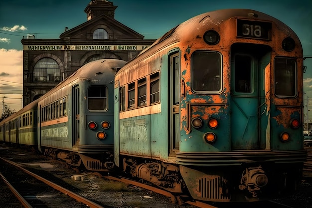 Alte, veraltete U-Bahn-Wagen in New York City in einem U-Bahn-Depot, tagsüber erzeugte ein neuronales Netzwerk Kunst