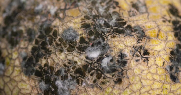 Foto alte verdorbenen melonen mit schwarzen flecken durch schimmel und schimmel