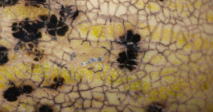 Foto alte verdorbenen melonen mit schwarzen flecken durch schimmel und schimmel