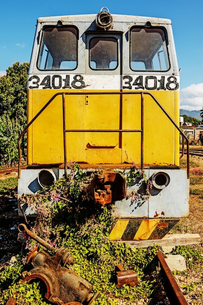 Alte verlassene überwucherte Lokomotive auf einem Rangierbahnhof