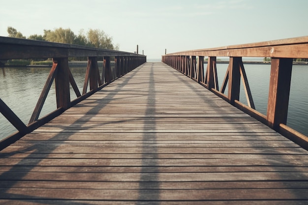 Alte Vintage-Holzbrücke auf dem See im Frühling tropischer ruhiger Fluss Generative KI