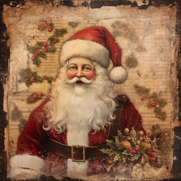 Foto alte vintage-weihnachtskarte mit weihnachtsmann und weihnachtlichem illustrationsplakat