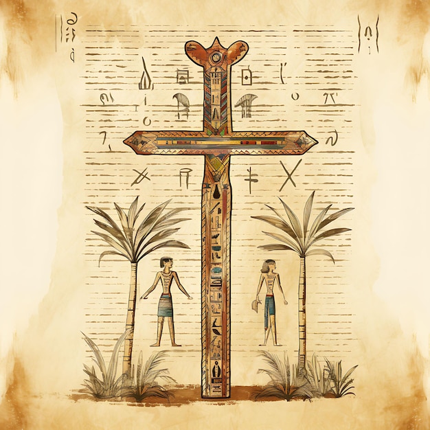 Alte Weisheit, heiliges Kreuz, Papyrus-Material mit Hieroglyphen-Happy-Palm-Sonntag-Rahmen-Aquarell-Kunst