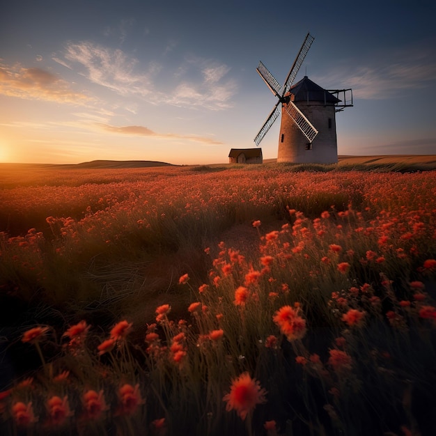 Foto alte windmuehle en el condado de mohnfeld