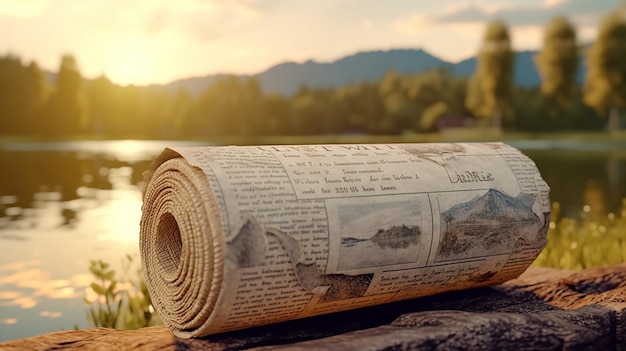 Foto alte zeitungsrolle mit landschaftshintergrund