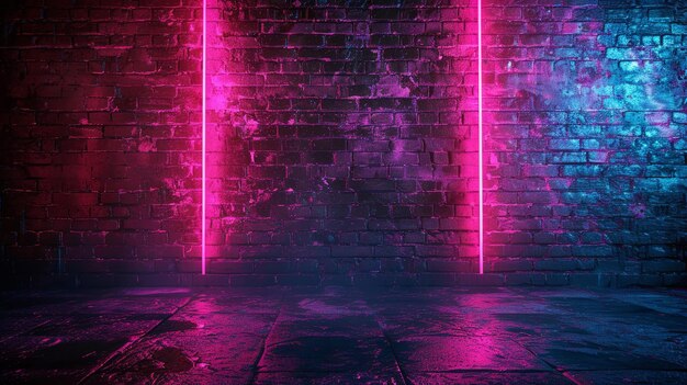 Foto alte ziegelsteinmauer in einer städtischen szene, die durch kontrastierende rosa und blaue neonlichter hervorgehoben wird