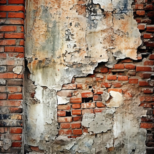 Alte Ziegelsteinmauer mit Spuren von altem Gips, zerstörte Oberfläche