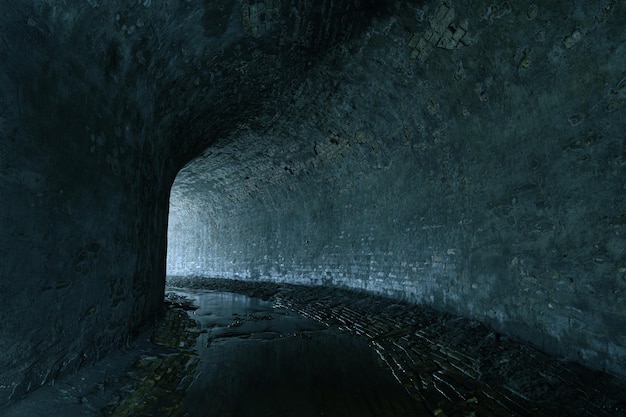 Foto alter abwasserkanal aus mauerwerk mit licht aus der kurve. unterirdischer fluss oder alter regenwassersammler aus dem 19. jahrhundert