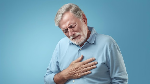 Alter älterer Mann drückt die Hand auf die Brust, leidet unter Herzinfarkt und unerträglichen Schmerzen, isoliert auf Blau