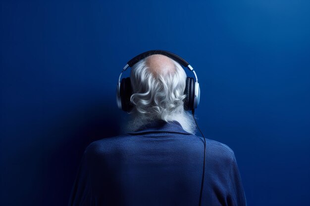 Foto alter älterer mann hört musik auf seinen kopfhörern auf blauem hintergrund