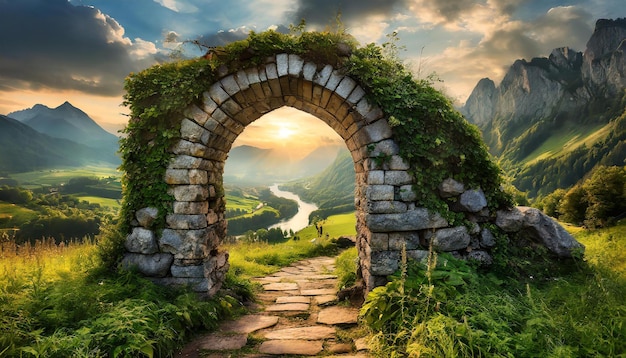 Alter, aus Stein gefertigter und mit Grün bedeckter Bogen, magisches Portal auf einem verlassenen Gartenweg