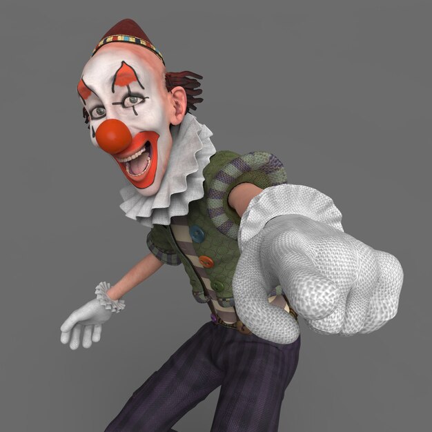 Alter Clown mit weißen Handschuhen. 3D-Darstellung