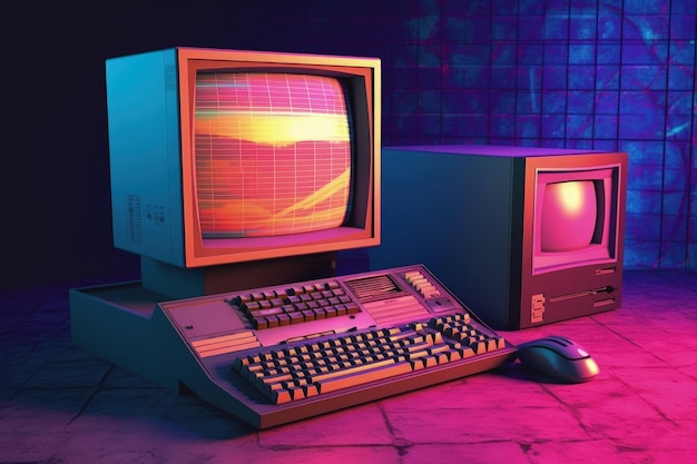 Foto alter computer-pc im retro-stil der 80er und 90er jahre, bunter hintergrund, digitale illustration, generative ki