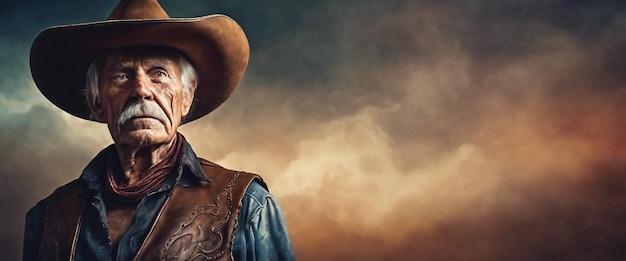 Alter Cowboy Ein älterer Mann in einem Cowboy-Hut Heroisches Bild eines Mannes Leerer Raum von KI generiert