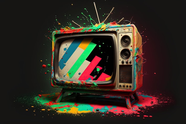 Alter Fernseher, Retro-Fernseher im Stil der 80er und 90er Jahre, bunter Hintergrund. Generative KI