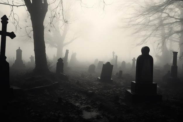 Alter Friedhof im Nebel Schwarz-Weiß-Foto eines unheimlichen Friedhofs mit Gräbern